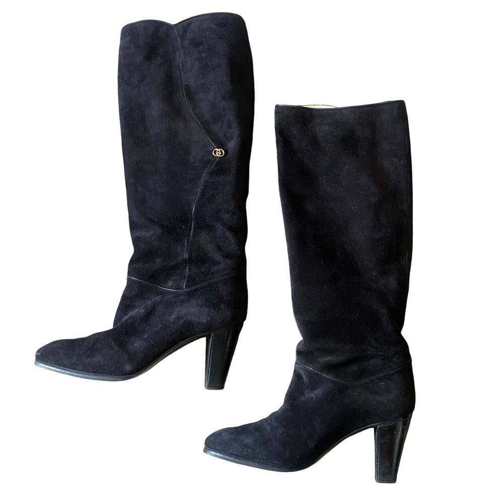 Vintage‎ Gucci Suede Leather Knee-High Boots Black Heeled Women's Size 5 1/2